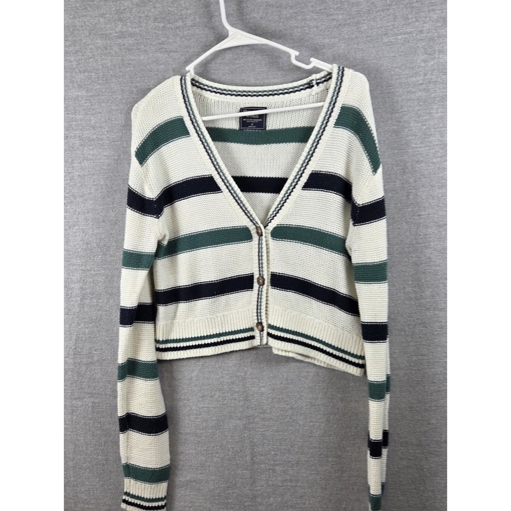Abercrombie & Fitch S Green Navy Stripe Cropped Sweater Cardigan Y2K Preppy Cute